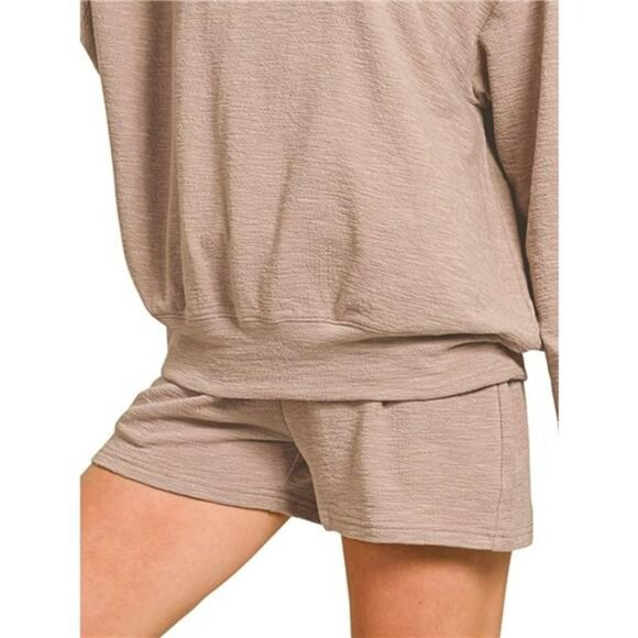 Zenana Slub Long Sleeve Top and Shorts Set - Picture 1 of 2